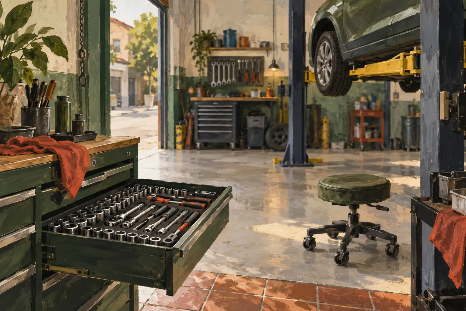 Illustration of auto repair shops and their working space